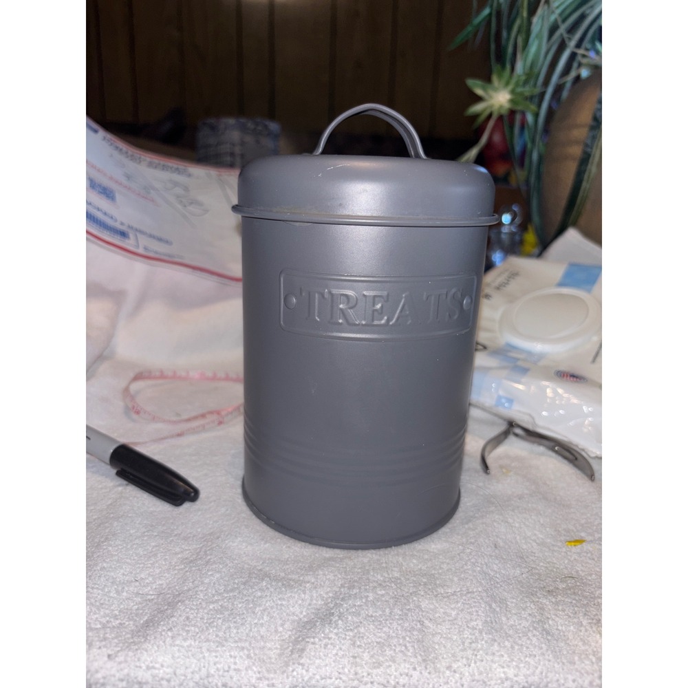 Barkley & Evans Matte Gray Metal Pet Treat Canister with Lid and Handle